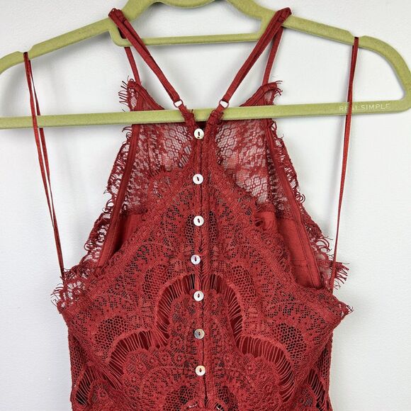 Free People She's Got It Lace Sleeveless Mini Slip Dress Rust Red Button Back S - Picture 6 of 11